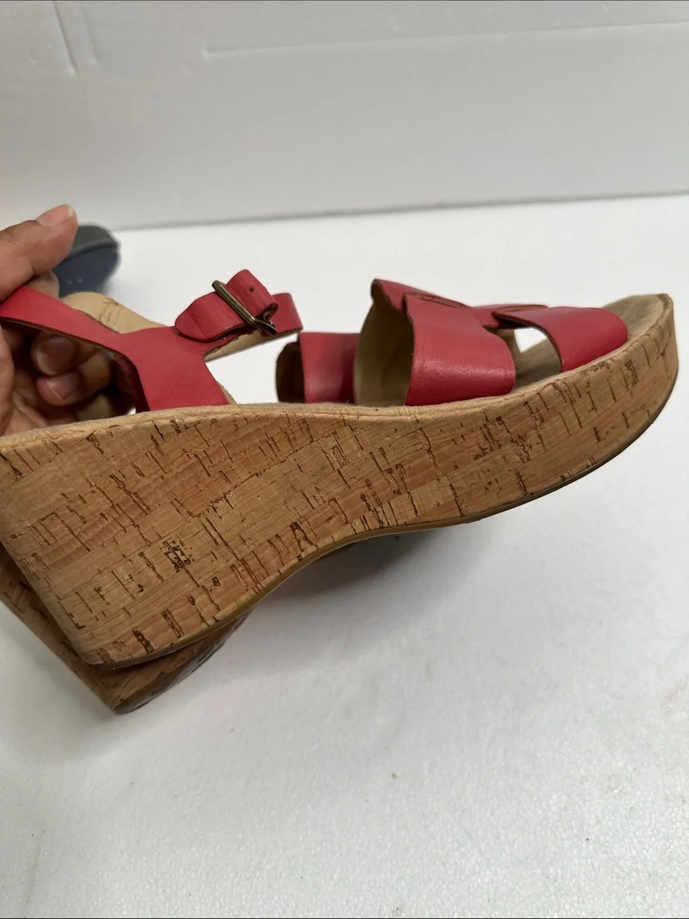 Kork-Ease Della Red Leather cork wedge Ankle-Strap Sandals with Buckle size 11